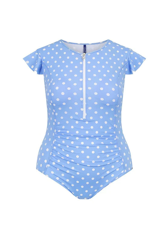 Capriosca Vintage Dots Frill Sleeve One Piece - Blue