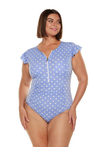 Capriosca Vintage Dots Frill Sleeve One Piece - Blue